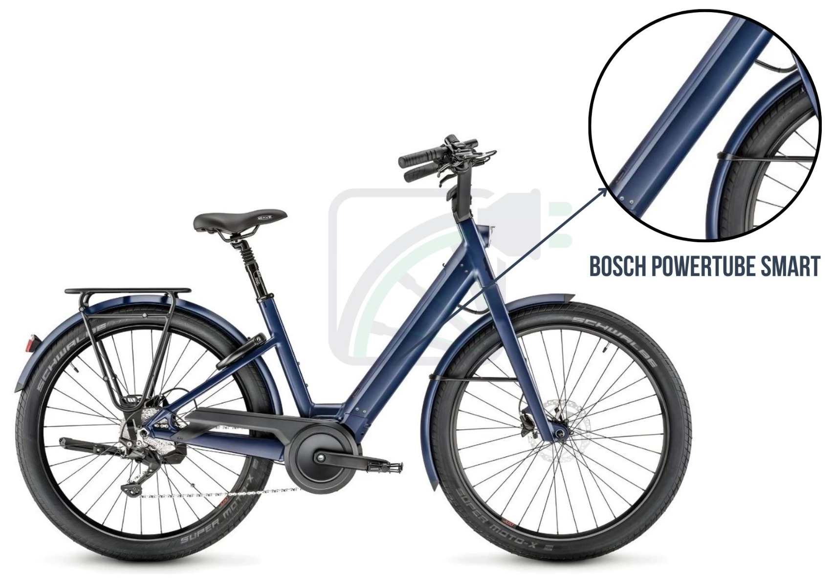 Foto eines Elektrofahrrads, das die Batterie des Fahrrads hervorhebt. Der hier gezeigte Akku ist der Bosch PowerTube. Es werden auch die verschiedenen Akkus erwähnt, die für dieses Fahrrad erhältlich sind. Dies sind die: Bosch PowerTube 400, 500, 625 und 750. Diese Akkus sind für die SMART- und Nicht-SMART-Varianten.